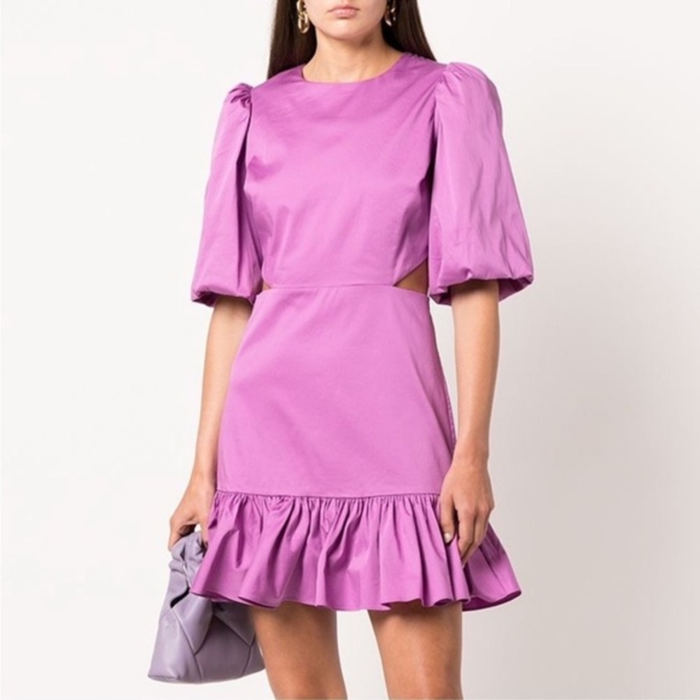 Veronica Beard Iker Puff Sleeve Cut Out Mini Dress in Vivid Orchid, size 6 NWT